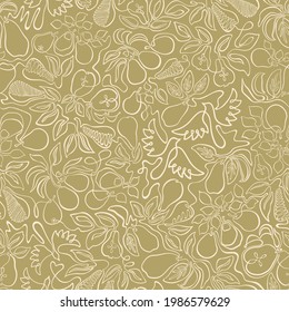 Design inspired by continuous line art: organic shapes of pears, leaves and flying birds. Calming neutrals give a loving nod to nature. For printed paper items, digital realm, textile, interior decor.