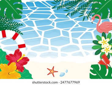 A design inspired by the ocean surface of a tropical country, featuring palm trees, tropical flowers, gorgeous flamingos and hibiscus around it.
Landscape orientation.