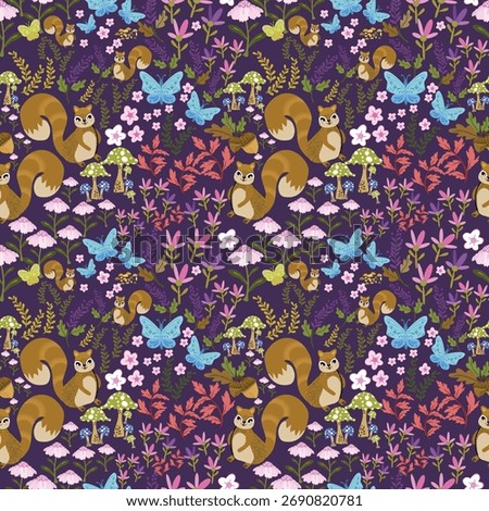 The design was inspired by a squirrel in a garden, along with flowers and butterflies. it looks beautiful, design for background, card, book cover, curtain, wallpaper, gift wrapping paper, cloth