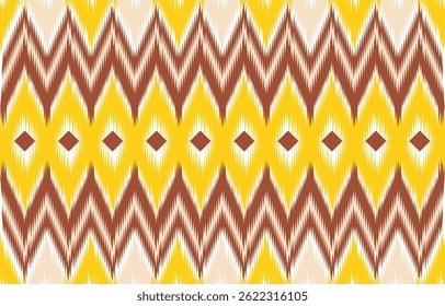 O design é inspirado no padrão tradicional de tecelagem ikat, apresentando formas de diamante e linhas em ziguezague em tons de amarelo-dourado profundo, marrom terra e bege claro.