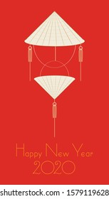 Design inspired by Vietnamese Conical Hat, palm-leaf hat, is a traditional symbol of Vietnamese people. Happy Lunar New Year postcard.