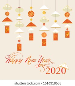 Design inspired by Vietnamese palm-leaf hat is a traditional symbol of Vietnamese people. Tet holiday greeting card, envelope lucky money, calendar, cover page.
