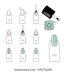 Design instruction of how to do a manicure correctly. Steps of manicure. Vector, icon