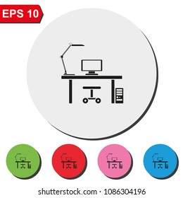 Design interior concept of work place with computer, monitor and desk lamp flat round colorful vector icon.