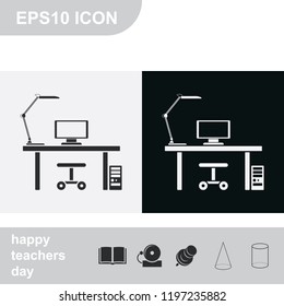 Design interior concept of work place with computer, monitor and desk lamp flat black and white vector icon.