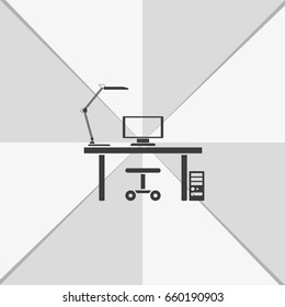 Design interior concept of work place with computer, monitor and desk lamp.