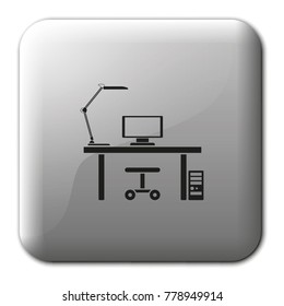 Design interior concept of work place with computer, monitor and desk lamp flat vector icon.