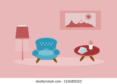 design interior furniture in a room with a blue armchair and table with newspapers a flowerpot with flowers and a lamp on a red background of wallpaper