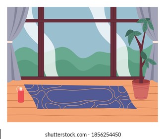 Design interior for making sport, yoga exercise. Panoramic window with curtains, carpet on floor, houseplant in pot, candle. Cozy comfortable place in front of window, day outside. Flat illustration
