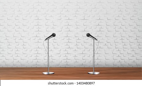 Design Interior Of Podium Karaoke Club Vector. Stand Classic Chrome Metal Microphones For Vocal Singing Karaoke On Wooden Scene And White Brick Wall Decoration. Realistic 3d Illustration