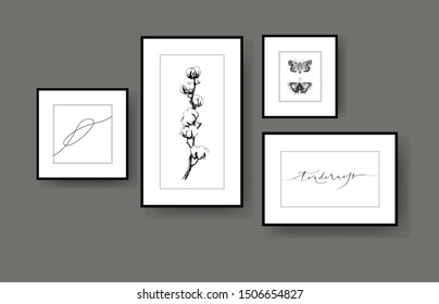 Design interior wall art.  Monochrome Print Abstract Digital Painting Scandinavian Style. Contemporary poster Vector Illustration. Hand drawn graphic and lettering.  Cotton branch living room. 