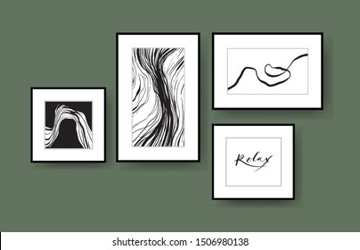 Design interior wall art.  Monochrome Print Abstract Modern Digital Painting Fashion Scandinavian Style. Contemporary poster Vector Illustration. Hand drawn graphic and lettering.  Relax living room.
