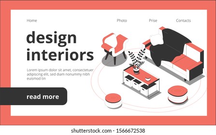 Design of interiors web page isometric landing website background with clickable links buttons and furniture images vector illustration