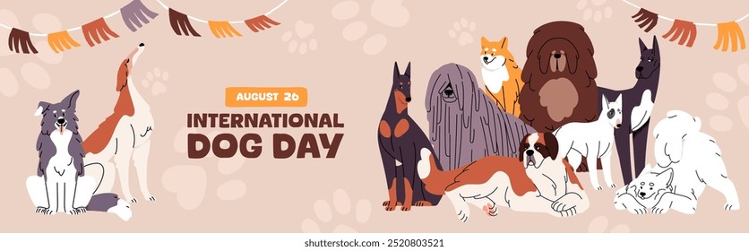 Design do cartaz horizontal do Dia Internacional do Cão. Modelo de banner web de feriado de animais domésticos. Promoção de evento festivo para animais de estimação, cães de diferentes raças. Ilustração de vetor plano