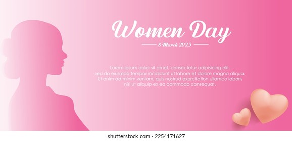 design international women day, colored gradient pink with woman silhouette elements and 3d love, for banner, web, poster.vector illustration