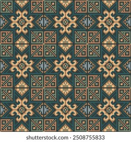 Design with intricate geometric shapes, resembling traditional embroidery or tapestry work. The use of earthy tones like green, beige, and brown gives it a warm, vintage or textile patterns.