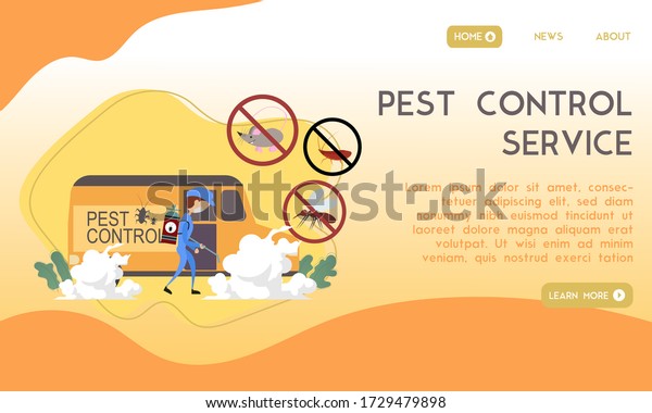 design introduction of pest control
service with work car and men spraying pesticides to kill pests,
mice, cockroaches, mosquitoes for landing page or web
banner