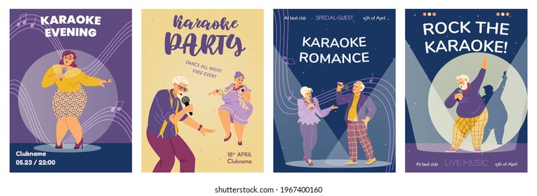 Design of invitation or advertising posters to karaoke party for seniors people. Elderly persons with microphones singing of old songs. Flat cartoon vector illustrations.