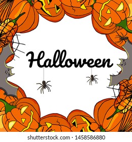 Design for an invitation, banner, poster for a Halloween party with smiling pumpkins. Round frame with pumpkins, bats and spiders on web