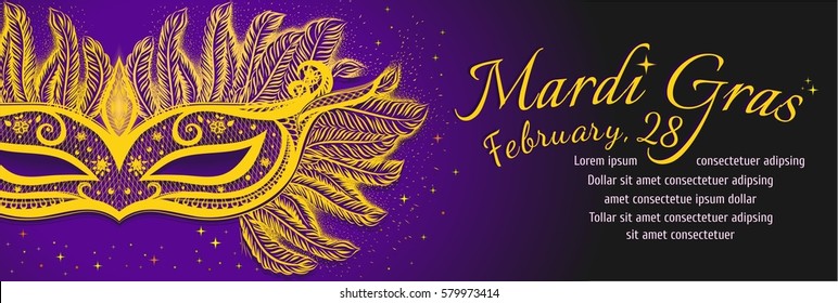 Design invitation card for carnival, night party. Mardi Gras. Vector isolated illustration. Dark lilac background with gold mask and feathers.