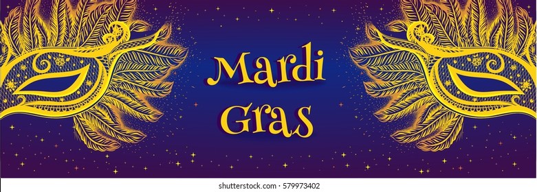 Design invitation card, flyer, horizontal banner for carnival, night party Mardi Gras. Vector isolated illustration. Background with gold masks and feathers.