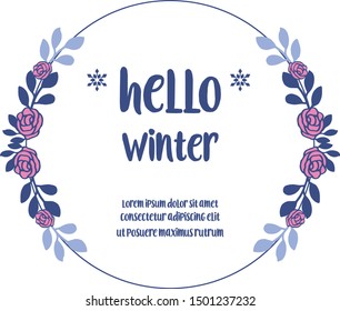 Design invitation card hello winter, with purple rose flower frame. Vector