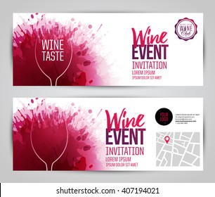 Design of invitation, ticket or banner for your wine events. Background with wine stains, expressive texture. Idea for your design. Vector