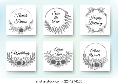 Design for invitation wedding or greeting cards of beautiful vector wreath and flowers set.
hand drawn elegant floral collection with leaves and flowers in black line art. 