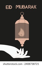 Design Islamic holiday Eid al Fitr  banner with silhouette of Muslim Lantern in hand on black background. Islamic holiday banner template. Vector illustration can used web poster