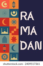 Design Islamic RAMADAN  banner in trendy Geometric retro style. Islamic Mosque and crescent. Vector illustration can used web poster