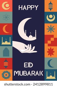Design Islamic RAMADAN  banner in trendy Geometric retro style. Islamic Mosque and crescent. Vector illustration can used web poster