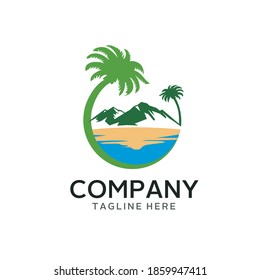 Design an island logo with several ornaments such as palm trees, mountains, and beaches. This logo will be perfect to apply for your project needs.