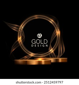 Design com pódio de ouro isolado e quadro redondo brilhante abstrato em fundo preto.