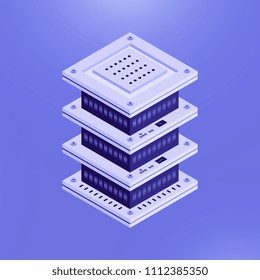 Design of isometric network database center template on blue backdrop