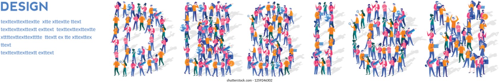 design Isometric Vector Concept, Group of business people are gathered together in the shape of design word, for web page, banner, presentation, social media, Crowd of little people. 