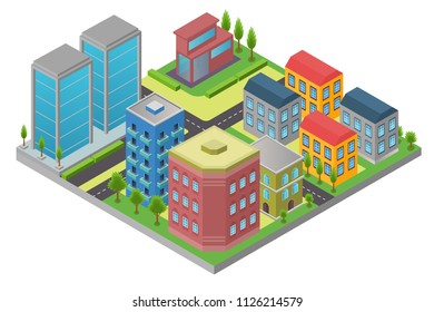 Design in isometry of city element with road and modern building in district isolated on white background.