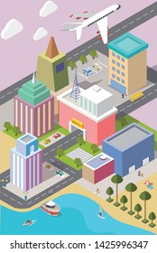 Design in isometry of city element with road and modern building