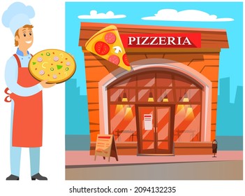 Design for Italian restaurant, pizzeria building. Chef standing with bakery product, dish of italian cuisine next to cafe. Cooking hot pizza with ingredients. Pizzaiolo, pizza maker serving meal