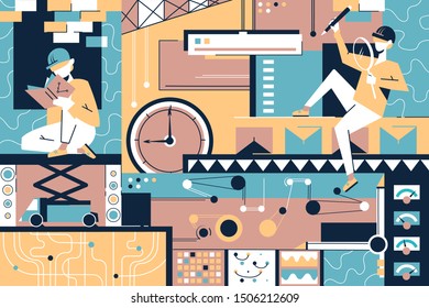 Design items background of people, designer equipment and time. Concept tools for work of urban style and technology with modern device. Vector illustration.