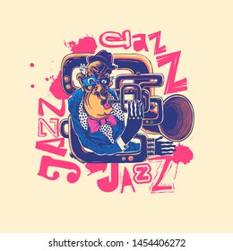 Design Jazz for poster or t-shirt print with jazz trumpeter. vector illustration. 