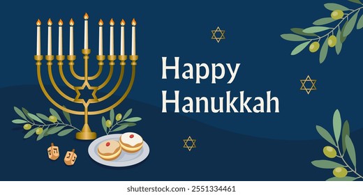 Design for the Jewish holiday of Hanukkah, Hanukkah symbols menorah, spinning top, donuts. Perfect for greeting cards, banners, posters, etc. Vector illustration