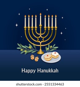 Design for the Jewish holiday of Hanukkah, Hanukkah symbols menorah, spinning top, donuts. Perfect for greeting cards, banners, posters, etc. Vector illustration