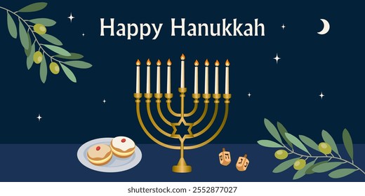 Design for the Jewish holiday of Hanukkah, Hanukkah symbols menorah, spinning top, donuts. Perfect for greeting cards, banners, posters, etc. Vector illustration