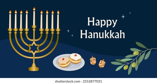 Design for the Jewish holiday of Hanukkah, Hanukkah symbols menorah, spinning top, donuts. Perfect for greeting cards, banners, posters, etc. Vector illustration