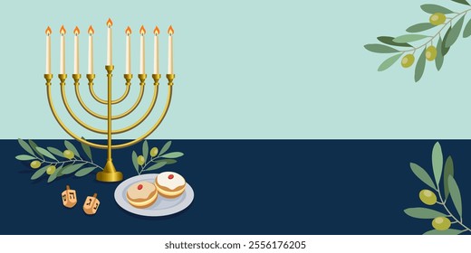 Design for the Jewish holiday of Hanukkah, Hanukkah symbols menorah, spinning top, donuts. Perfect for greeting cards, banners, posters, etc. Vector illustration