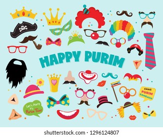 Design for Jewish holiday Purim with masks and traditional props. Vector illustration - Vector illustration- Vetor illustrations