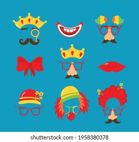 Design for the Jewish holiday Purim with masks and traditional props. Purim Jewish holiday isolated on white background. Vector illustration, eps 10.