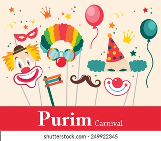 design for Jewish holiday Purim with masks and traditional props. Vector illustration