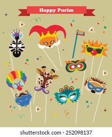 design for Jewish holiday Purim with masks and traditional props. Vector illustration