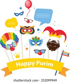 design for Jewish holiday Purim with masks and traditional props. Vector illustration